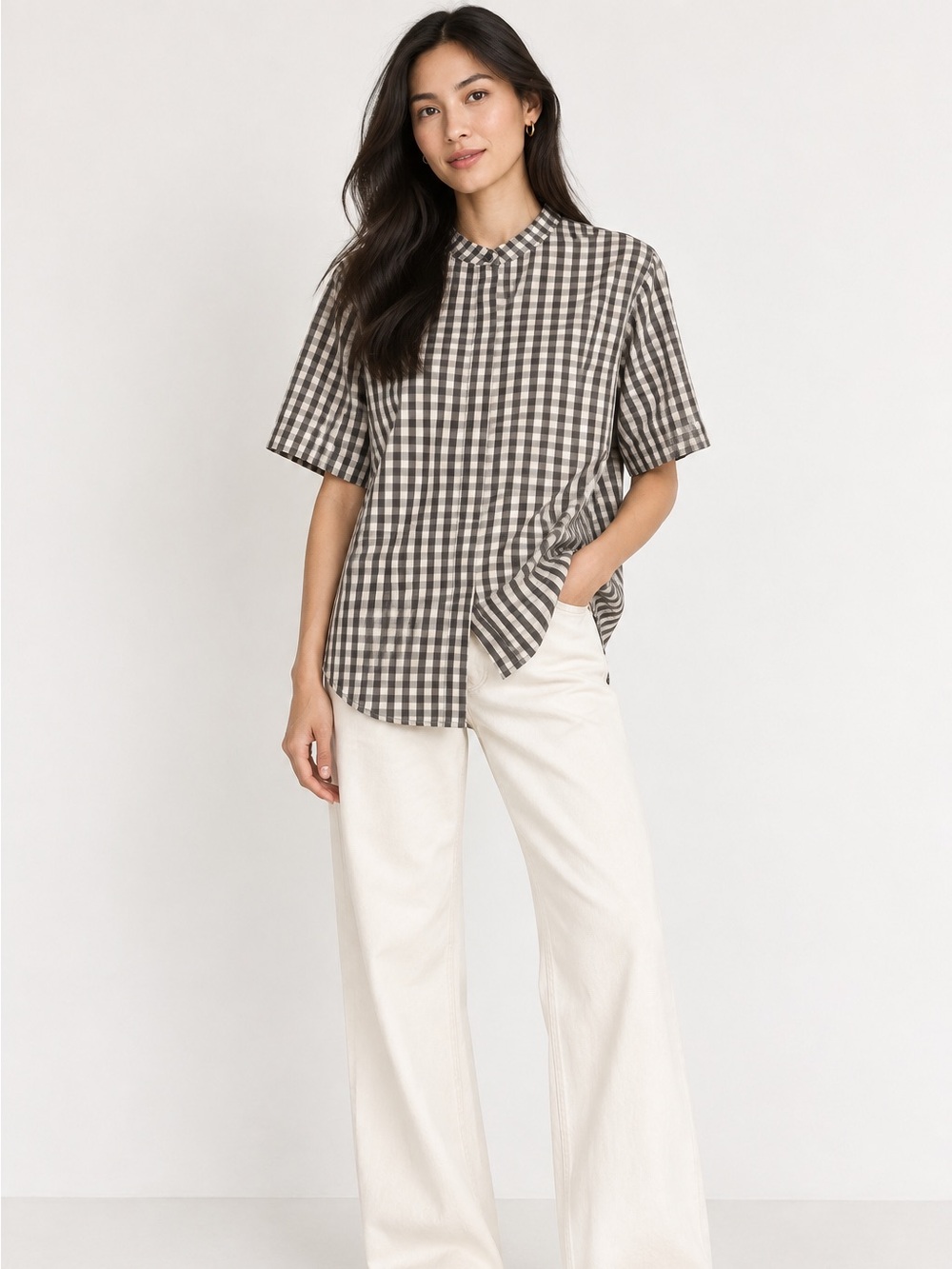 Lafayette 148 New York Black and Cream Gingham Short-Sleeve Button-Down size L